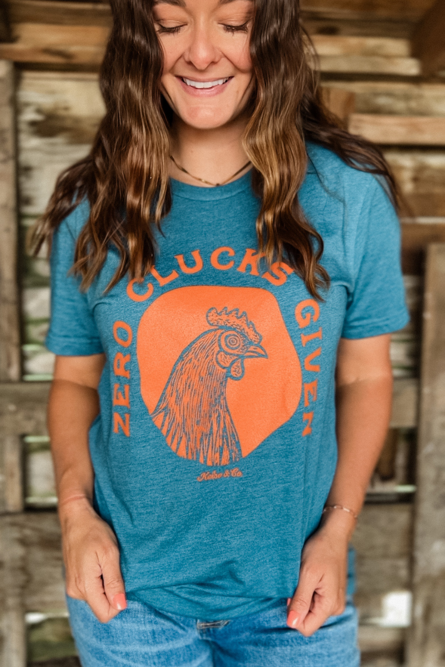 chicken farm tshirt - zero clucks given in deep teal and rust