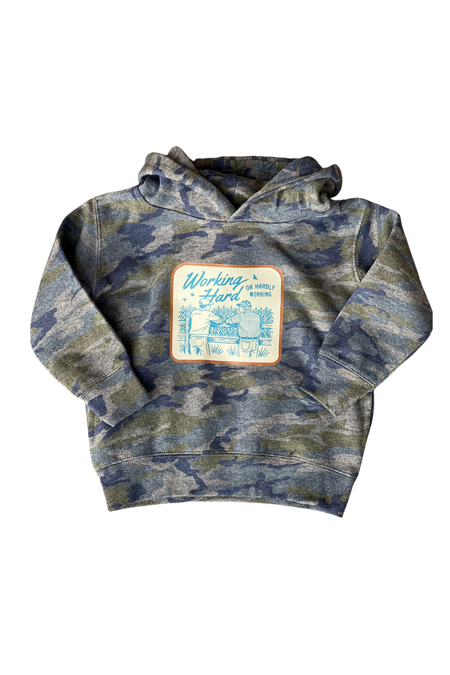 Blue camo toddler farm hoodie with vintage farmer graphic and the phrase “working hard or hardly working,” laid flat for product display