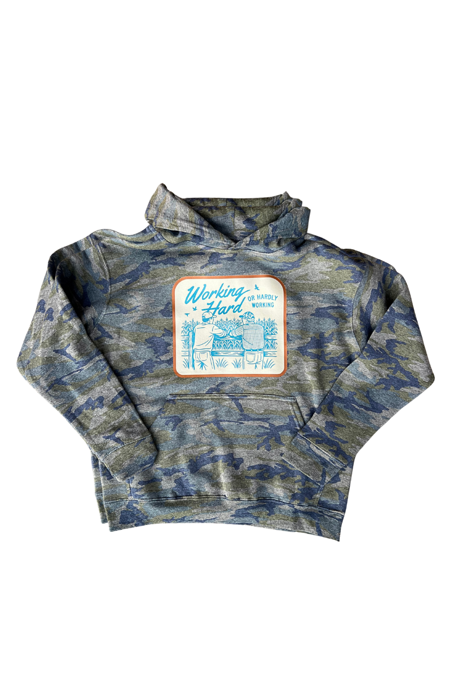 blue camo youth farm hoodie with vintage farmer graphic and the phrase “working hard or hardly working,” laid flat for product display