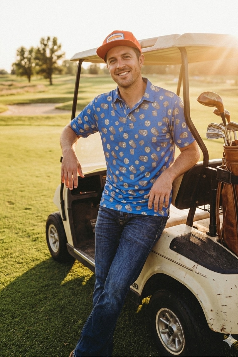 Man standing next to a golf cart on a golf course wearing kelso and co blue corn cob polo