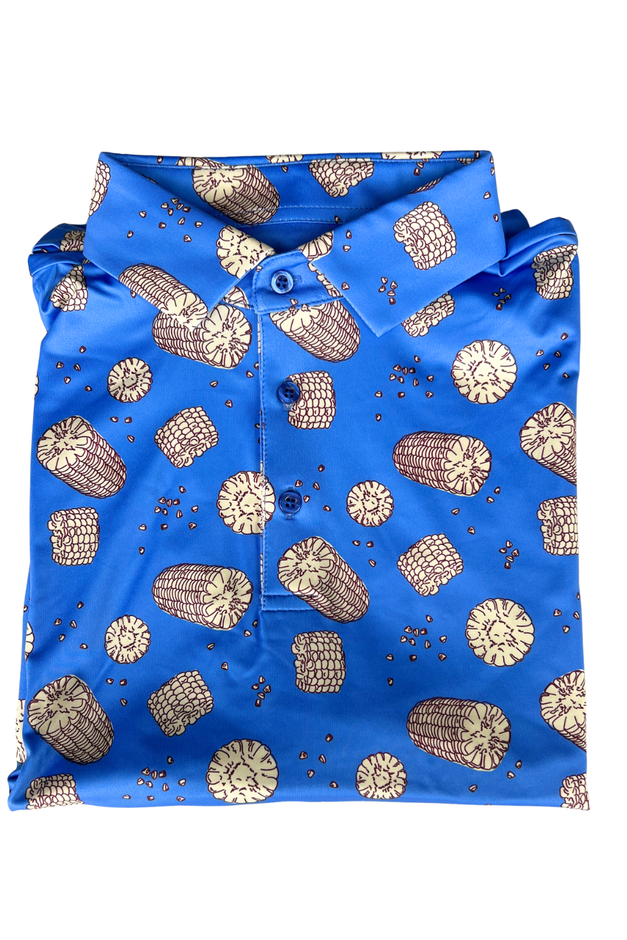 Blue mens polo shirt with light yellow corn cob pattern 