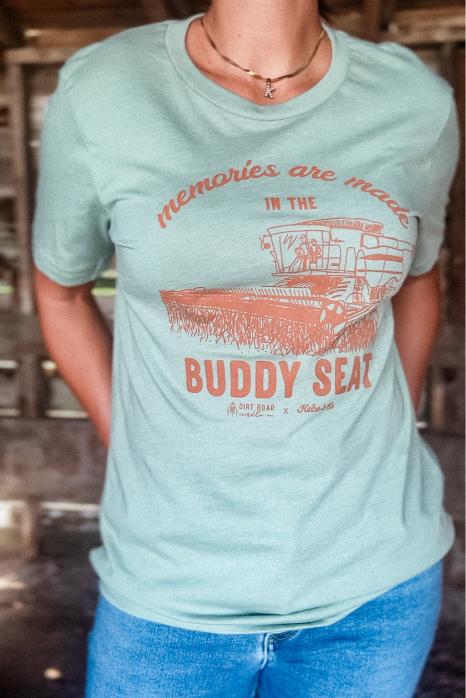 combine harvesting soybeans "memories are made in the buddy seat" tshirt