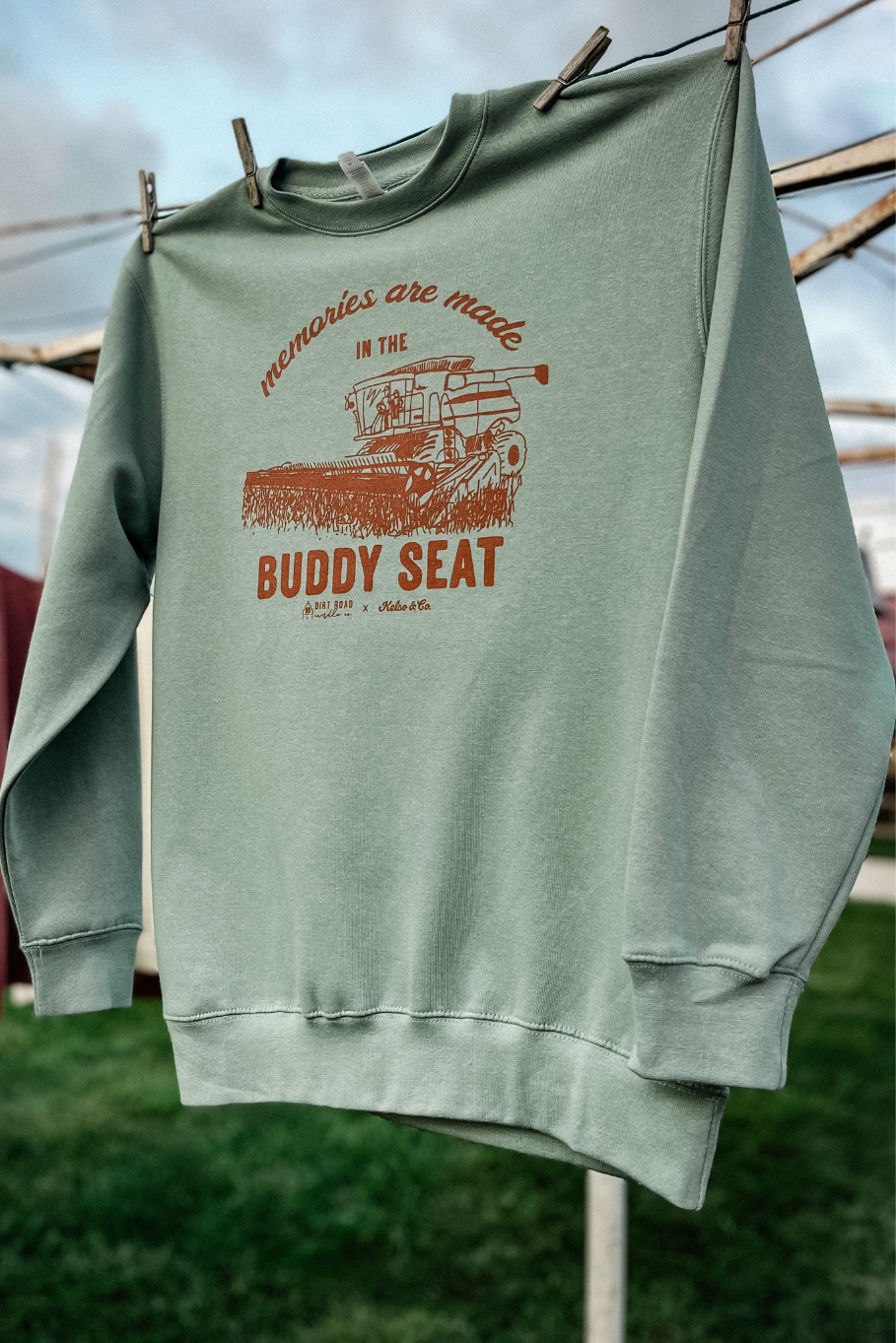 sage sweatshirt with combine cutting beans memories are made in the buddy seat