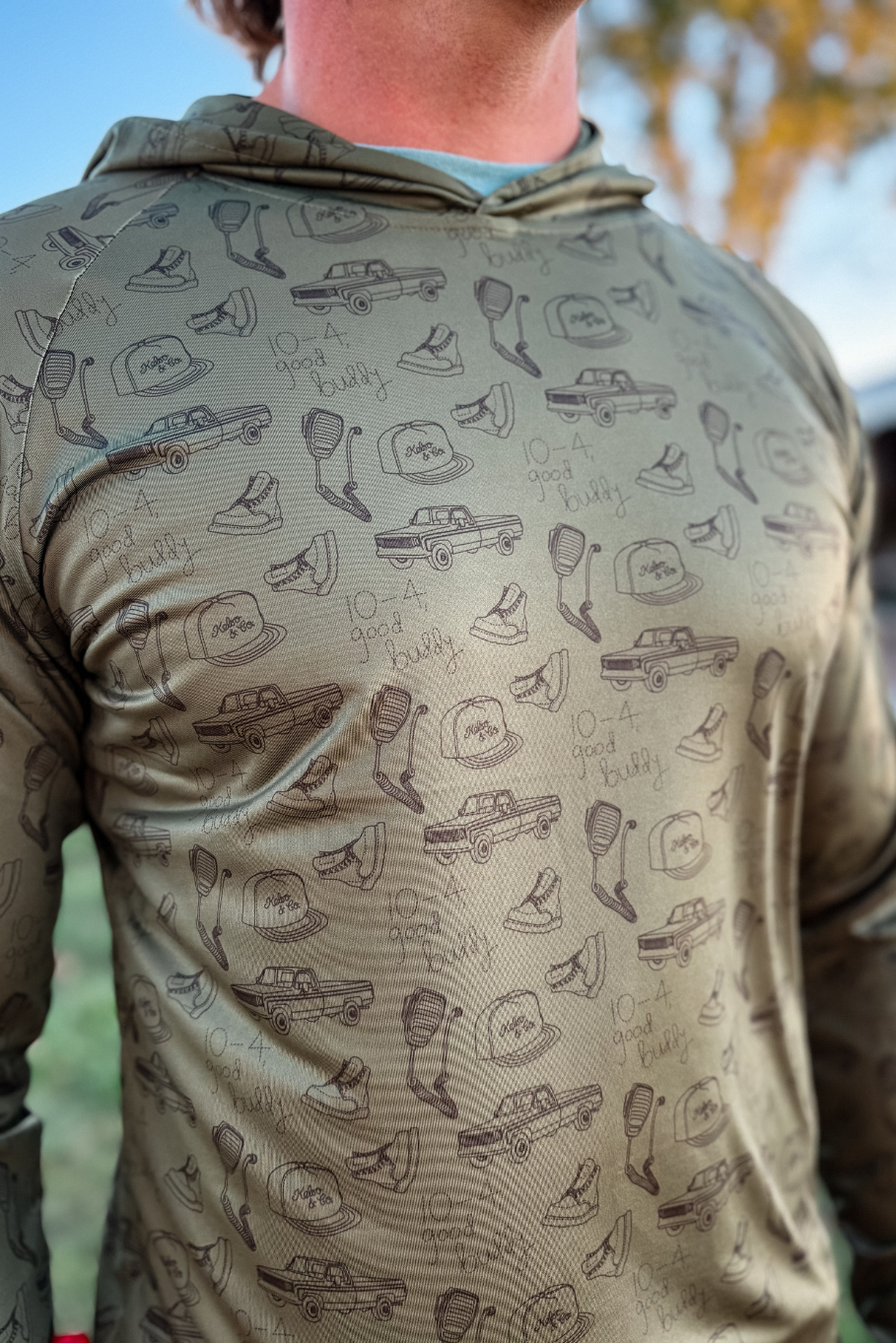 close up of 10-4 good buddy pattern featuring vintage cb radios and vintage pick up trucks in olive