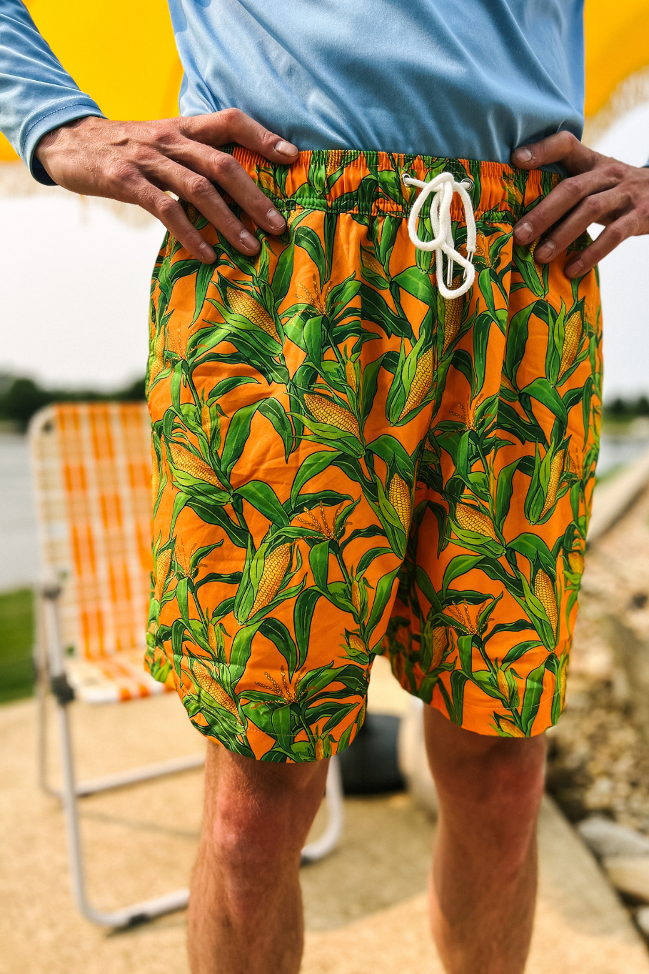 orange tropical corn print mens corn swim trunks