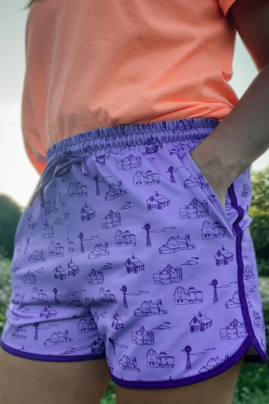 windmill and barn print purple women's retro shorts