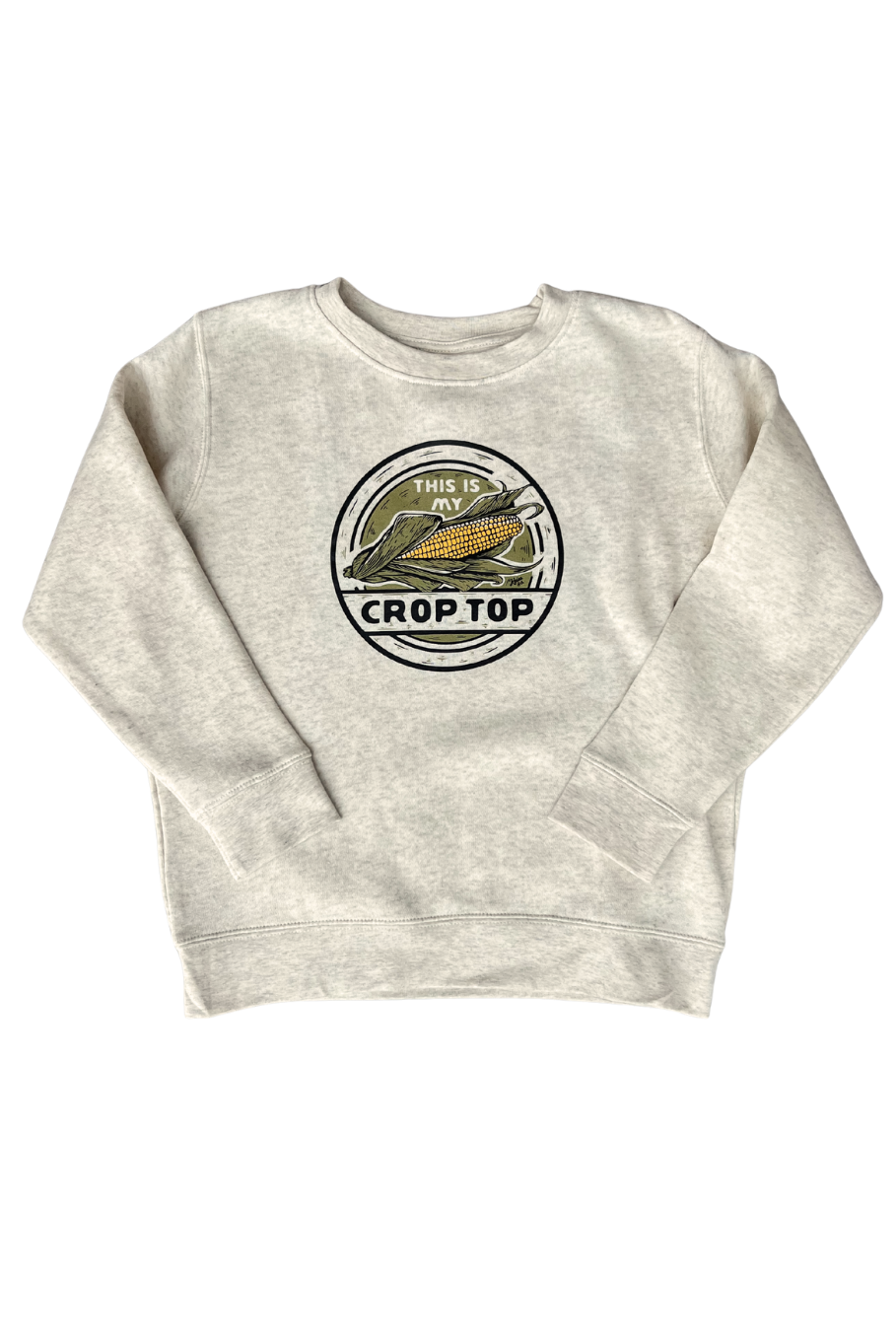 kids heather oatmeal crewneck with a graphic of an ear of corn that says &quot;this is my crop top&quot;