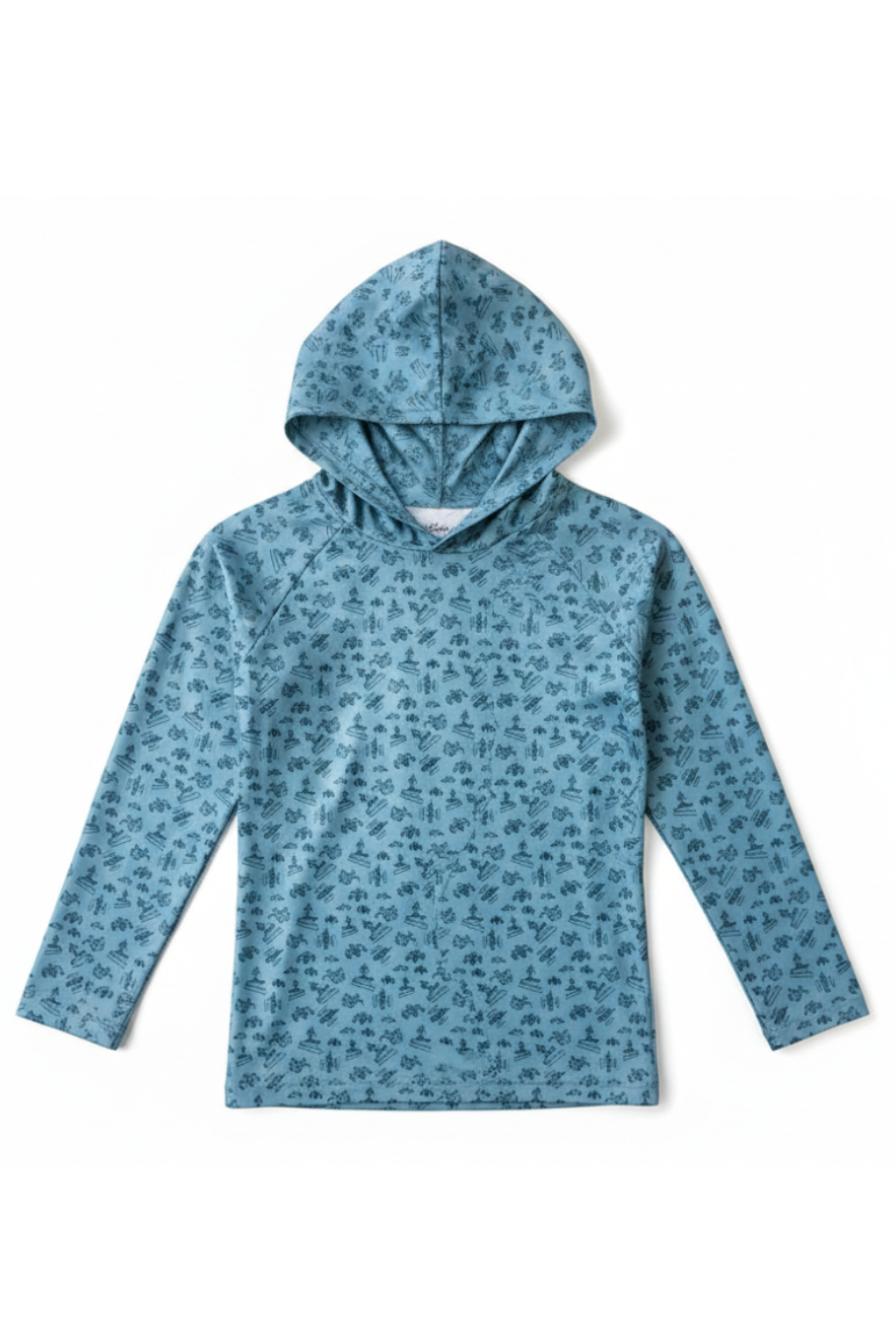 blue kids performance hoodie with tractors