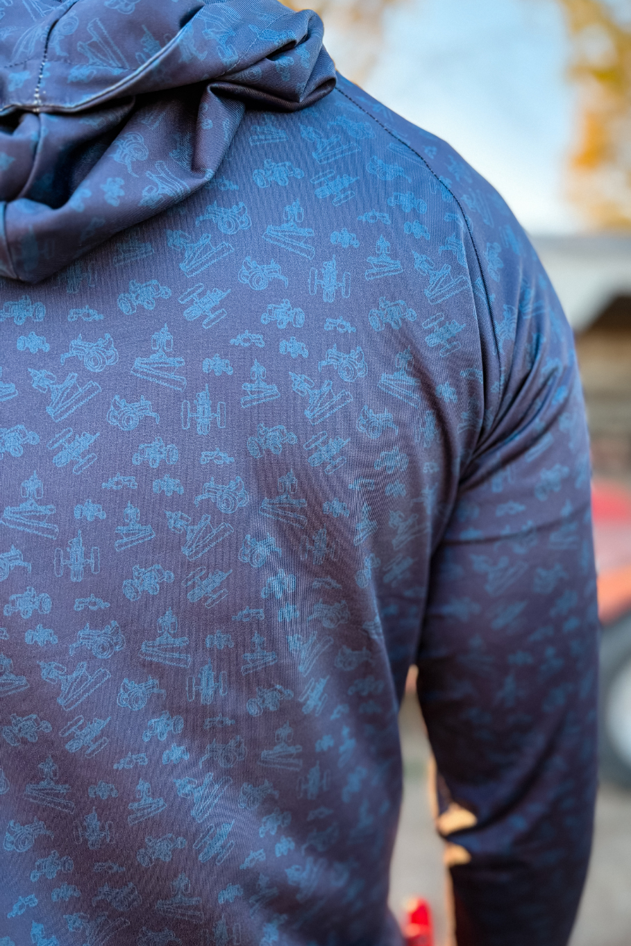 close up of diesel drip print featuring antique tractors in 2 shades of blue