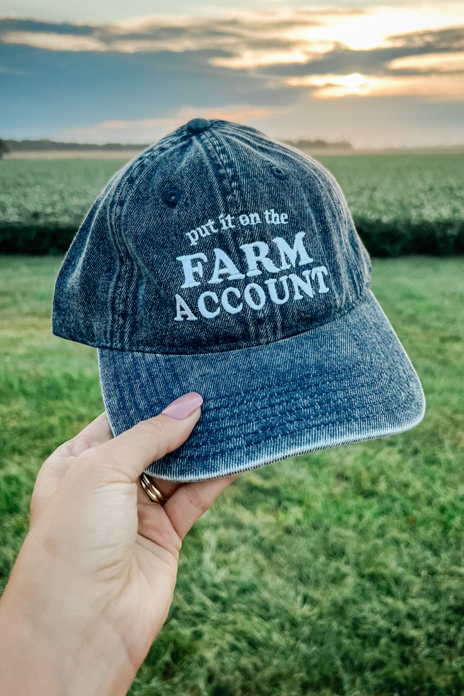 acid wash denim dad hat in front of a sunrise and a bean field