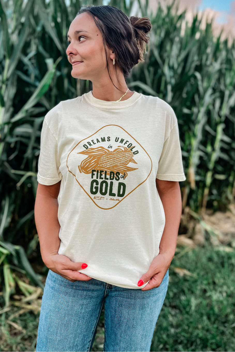 ivory tshirt with ear of corn, dreams unfold in fields of gold