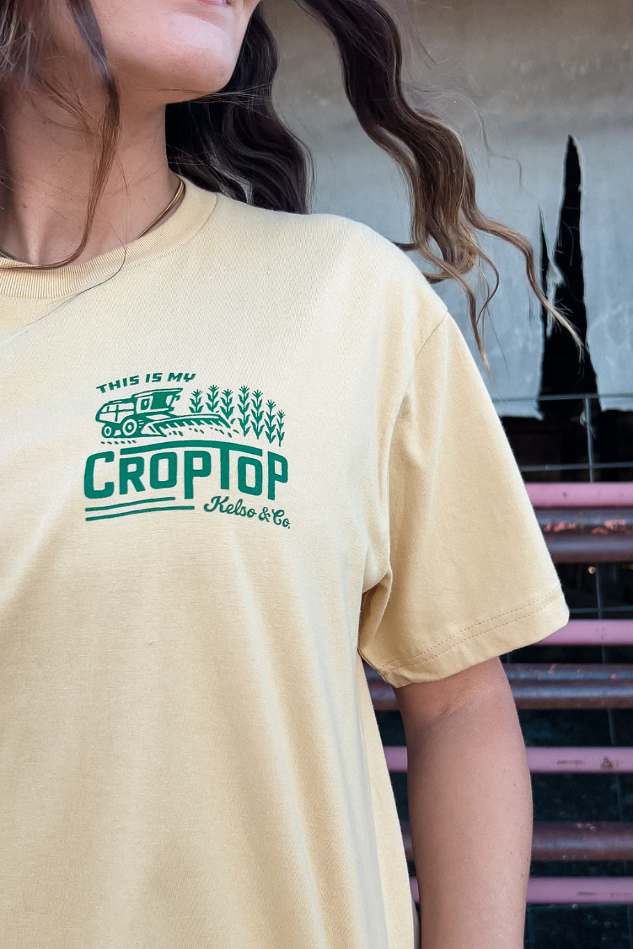 close up of the front left print that says "this is my crop top" Kelso & Co