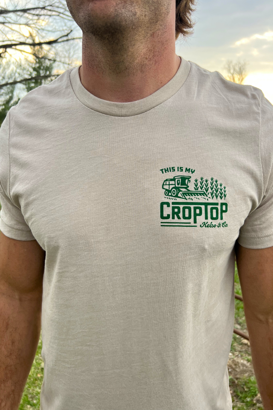 front of a tshirt with a left chest image of a combine in a corn field that says this is my crop top
