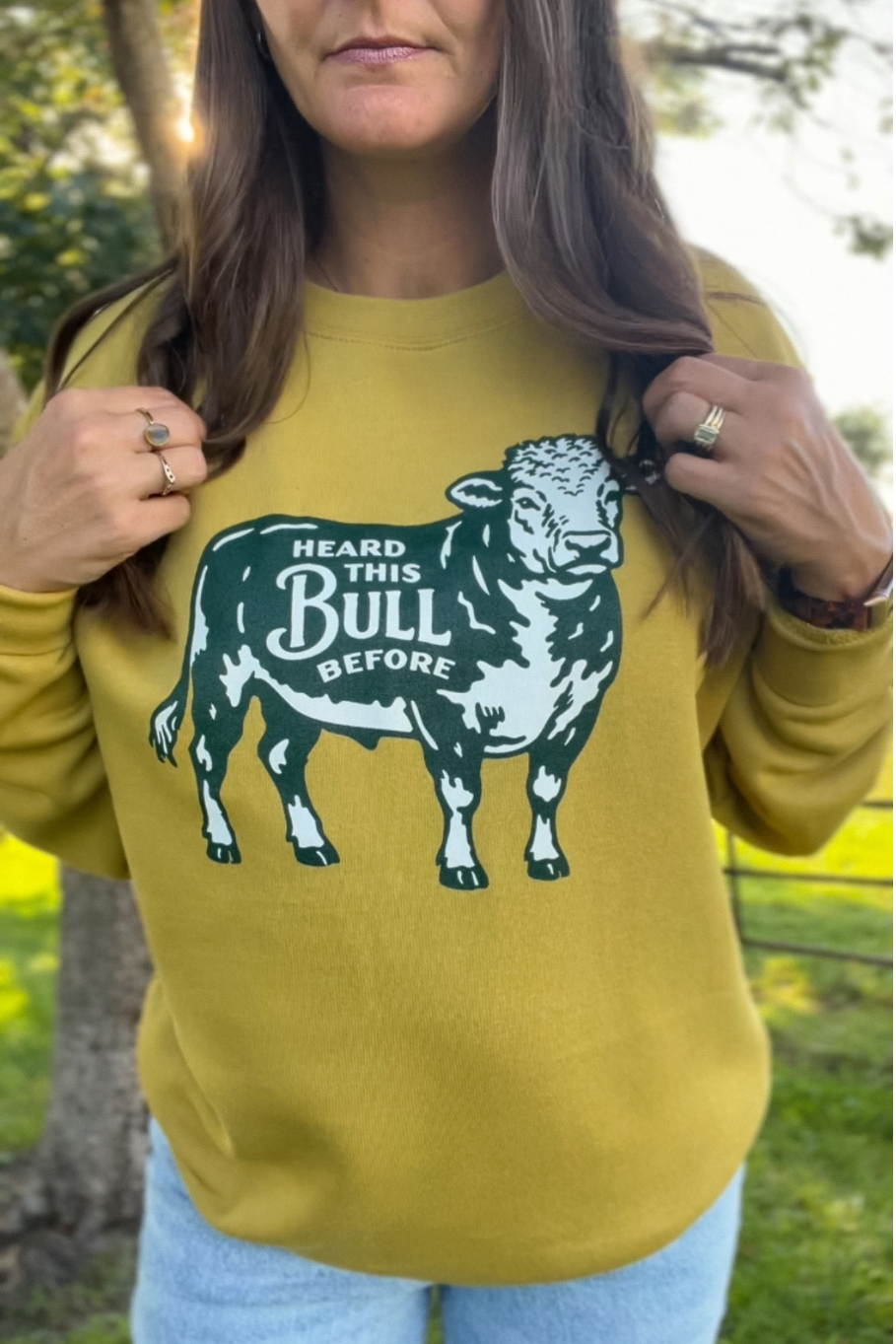 antique gold sweatshirt with green and ivory bull graphic that says " heard this bull before"