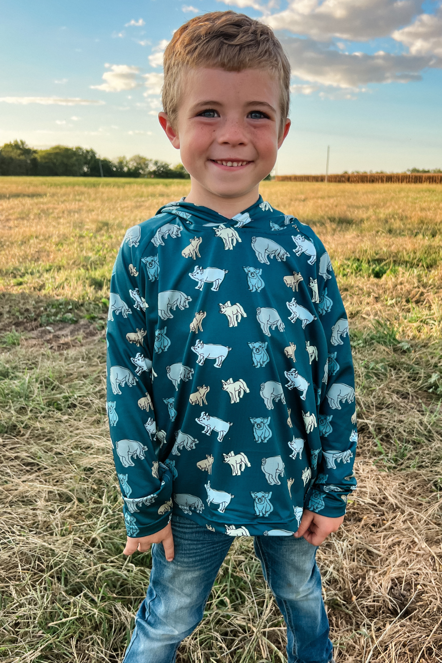 kids performance hoodie with blue and green pigs