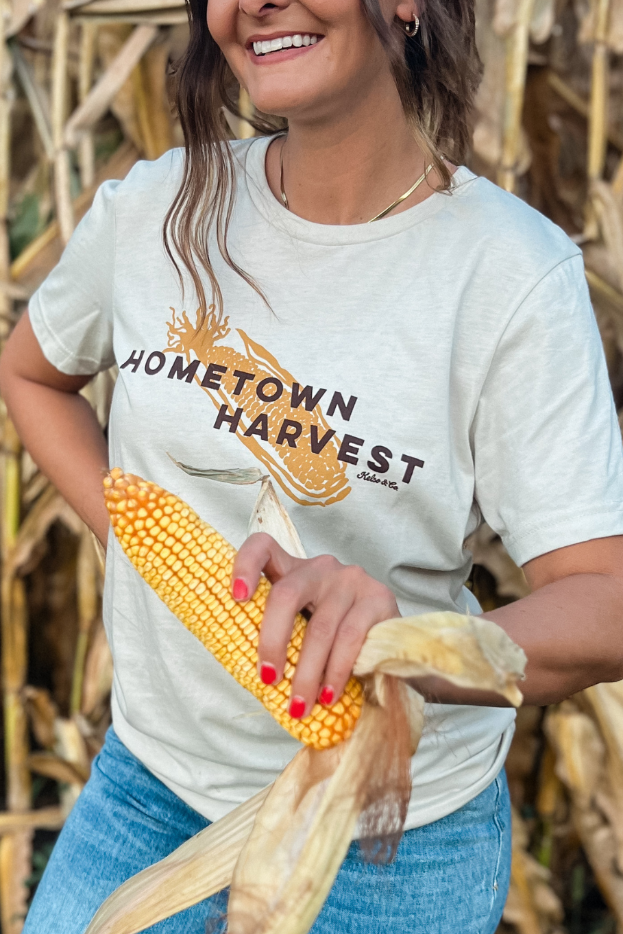 home town harvest graphic tee with an ear of corn