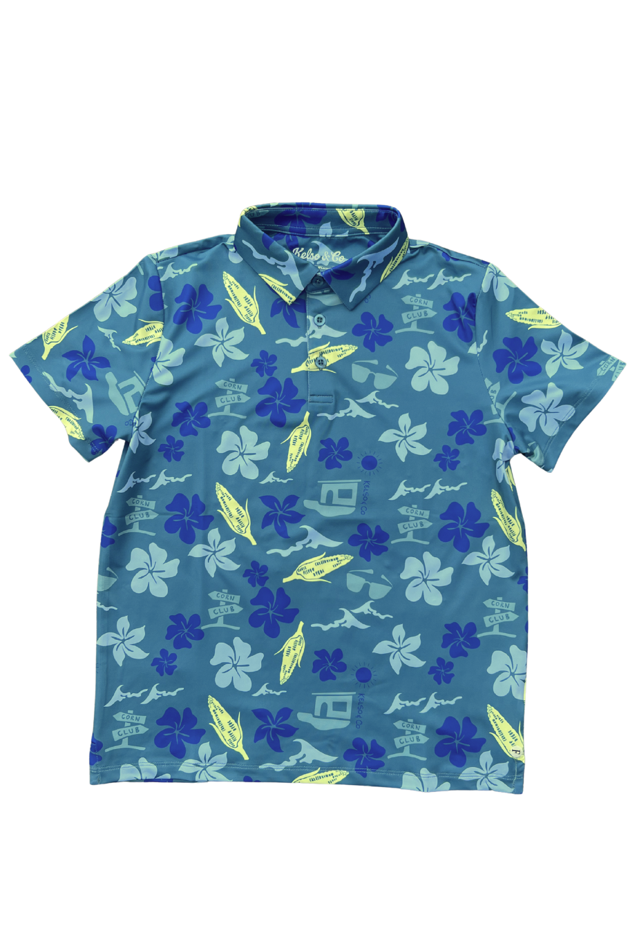 Front of blue patterned kids polo