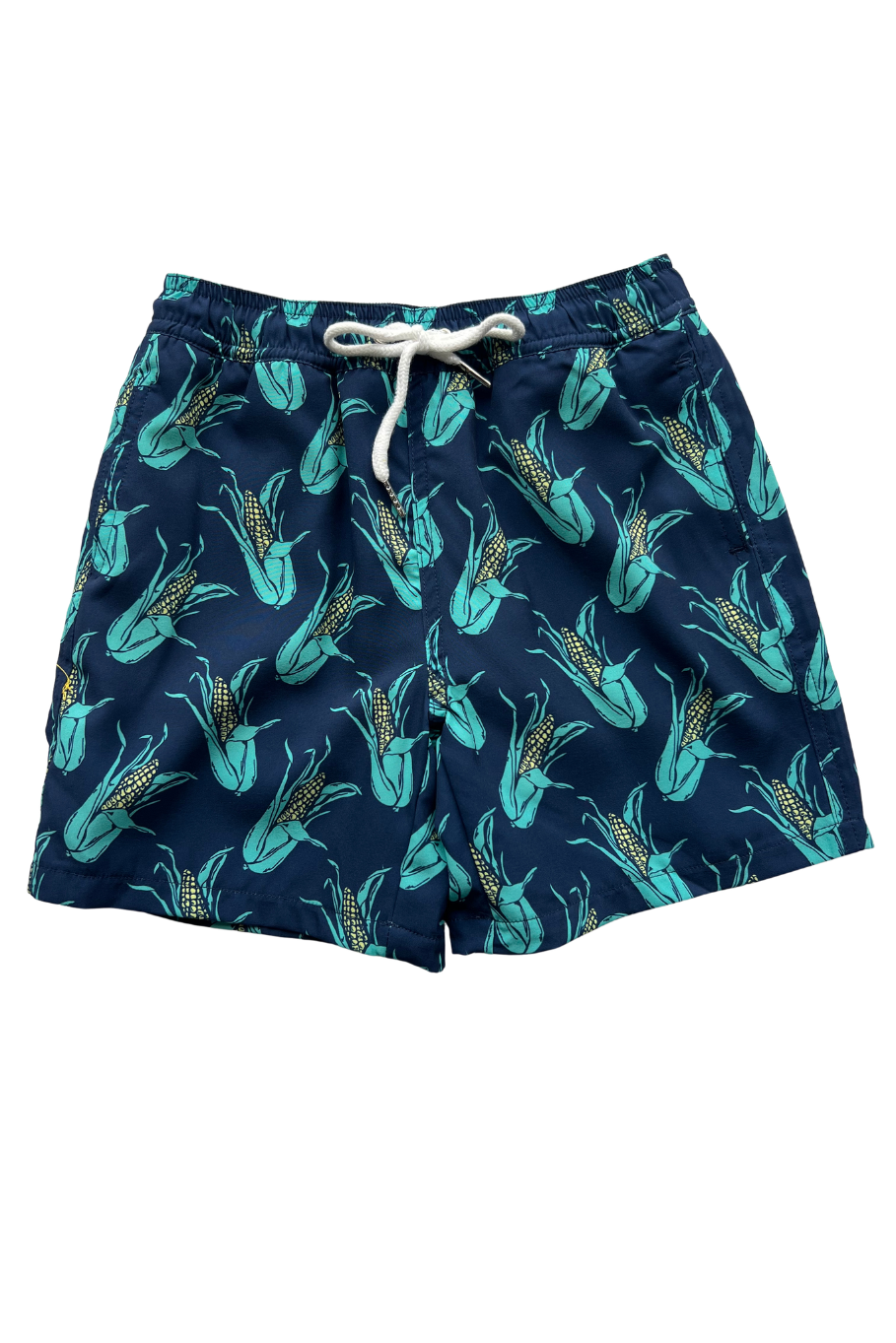 Front of boy's navy swim trunks with teal and yellow ears of corn print. 