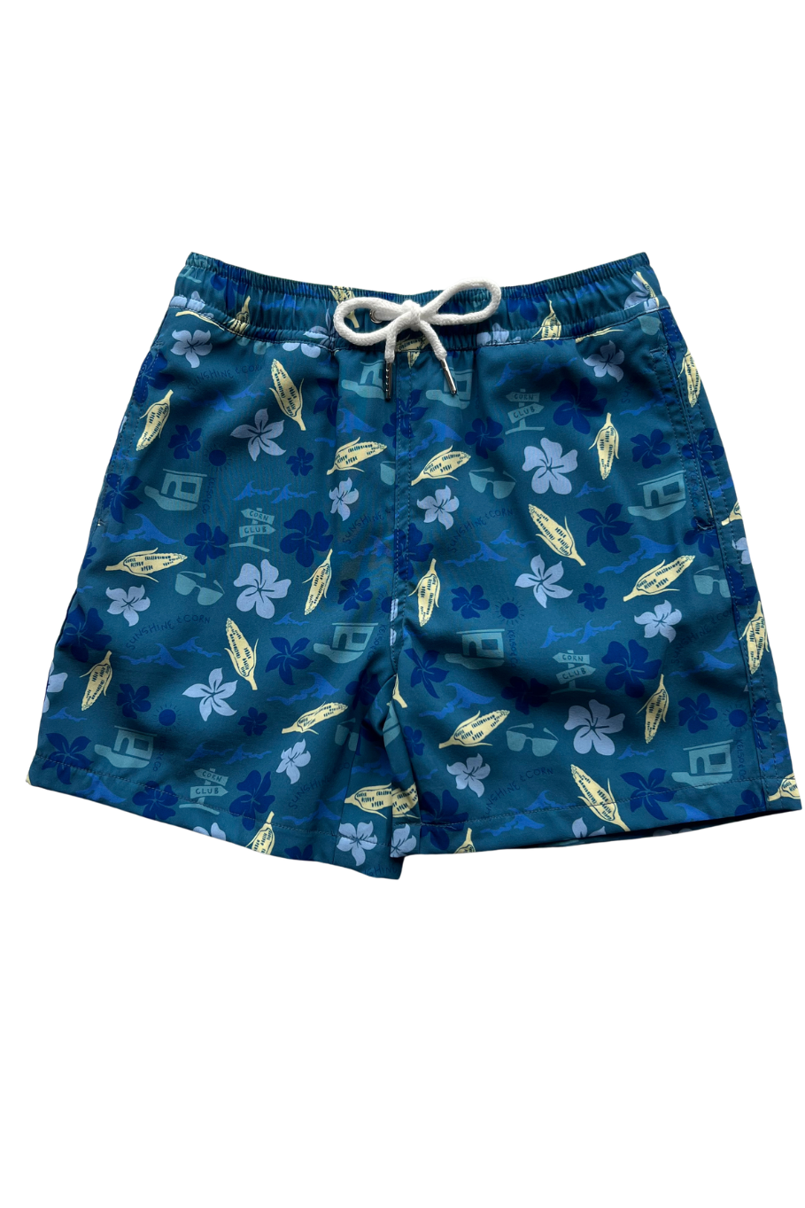 Front of boy's blue swim trunks with Hawaiian inspired print and ears of corn. 
