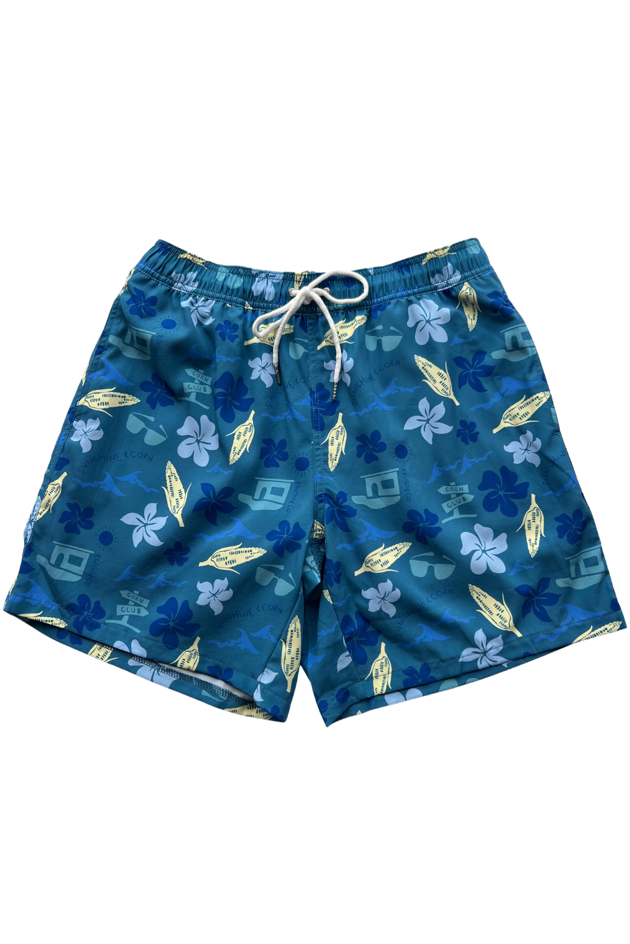 Front of men's blue swim trunks with a Hawaiian inspired print and corn. 