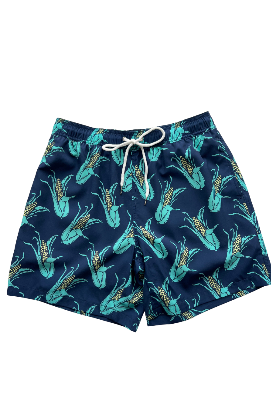 Front of men's navy blue swim trunks with a teal and yellow ears of corn pattern. 