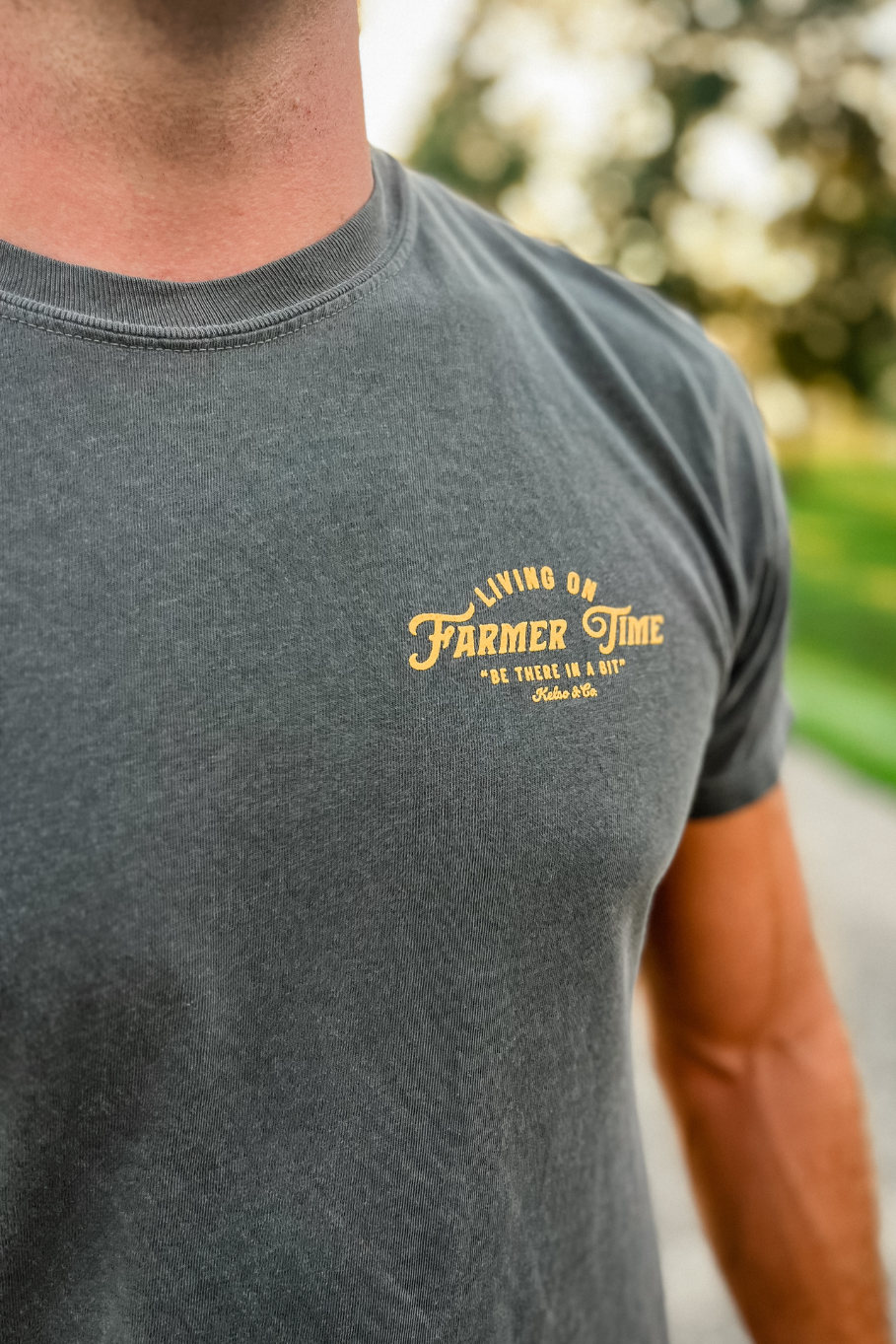 pepper gray graphic tshirt "living on farmer time" 