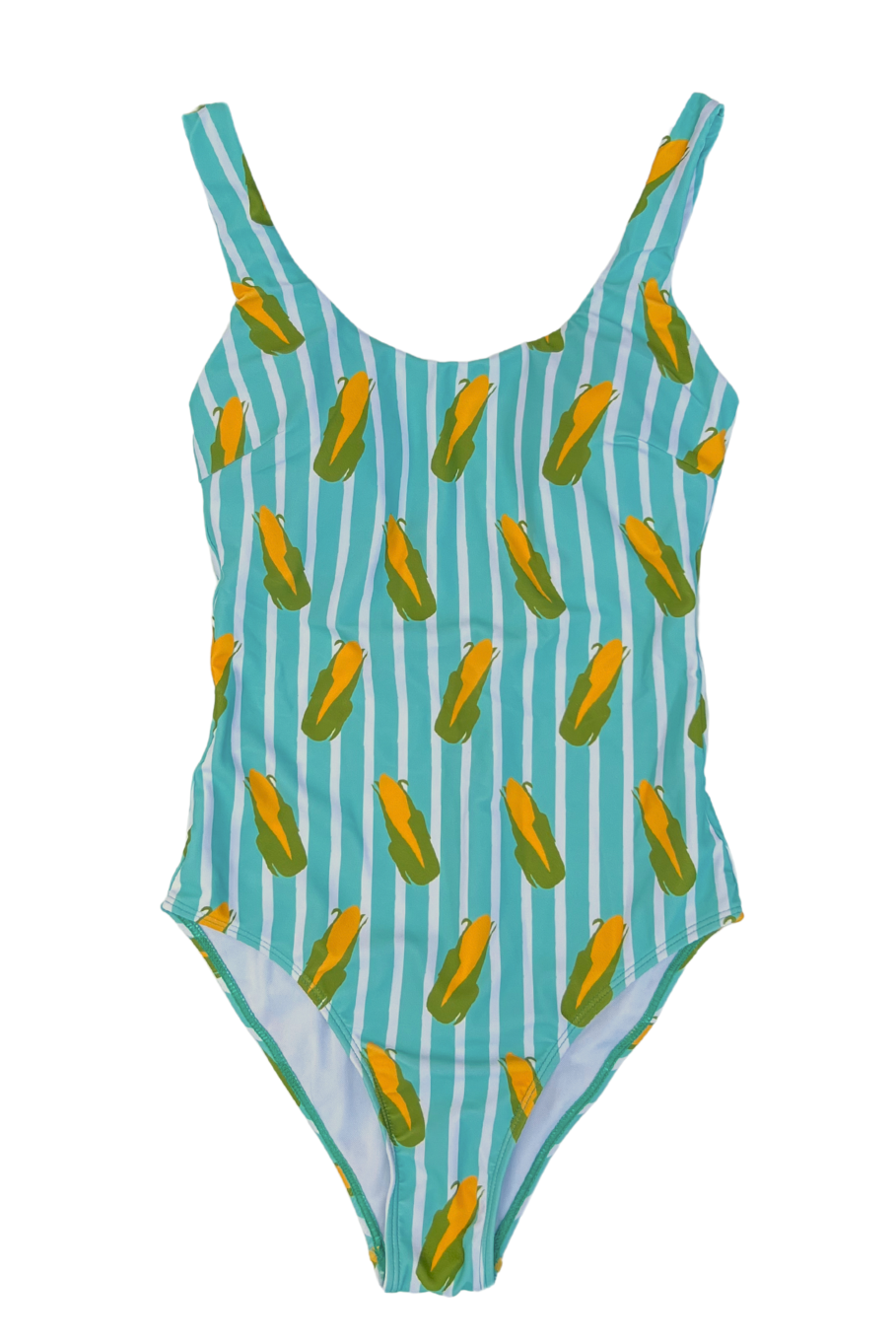 one piece corn swimsuit with blue and white stripes
