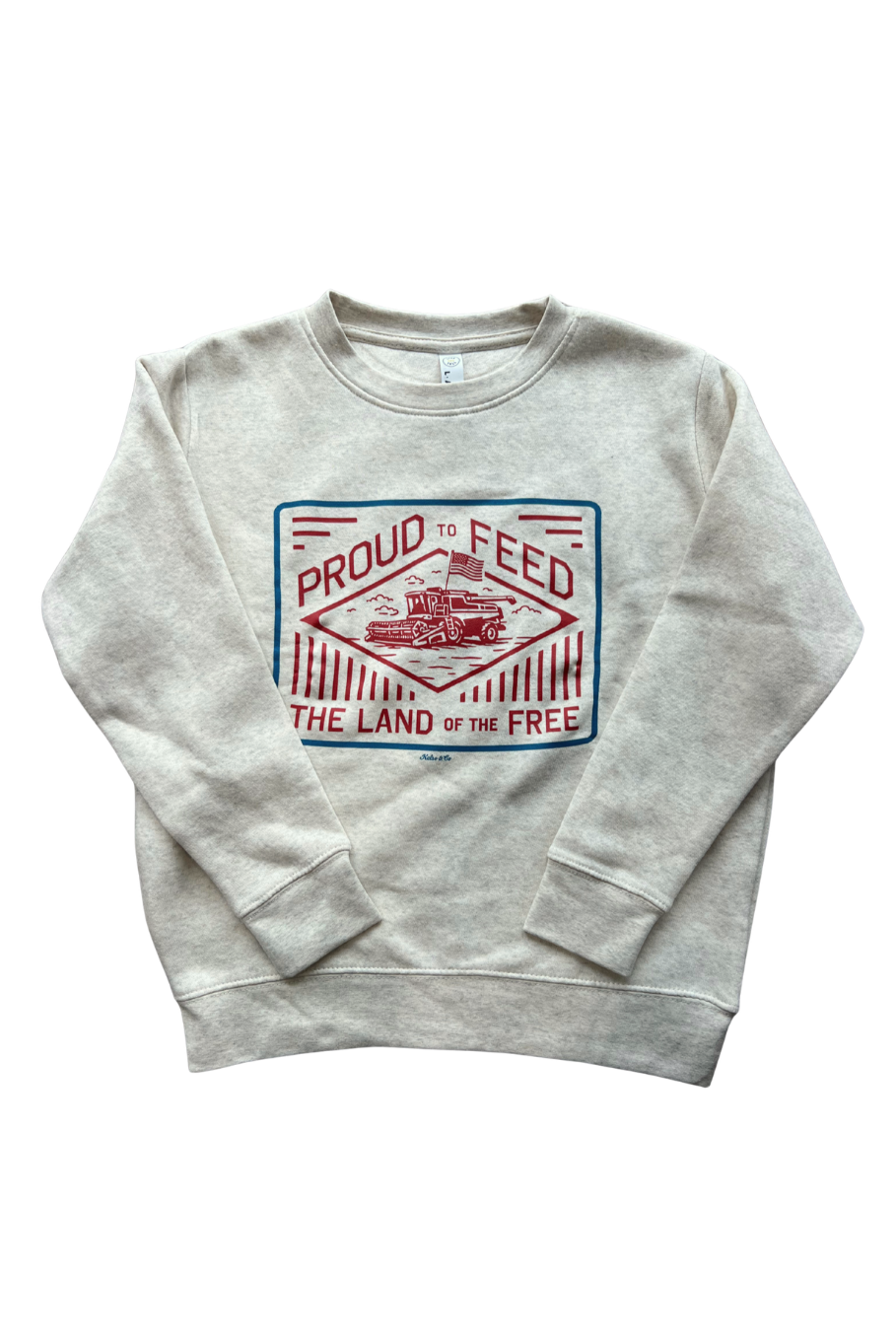 proud to feed the land of the free kids patriotic graphic crewneck with a combine and an American Flag