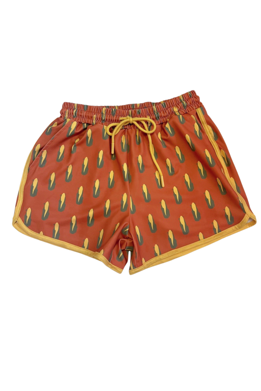 women's red orange corn shorts with yellow contrast, pockets and drawstring