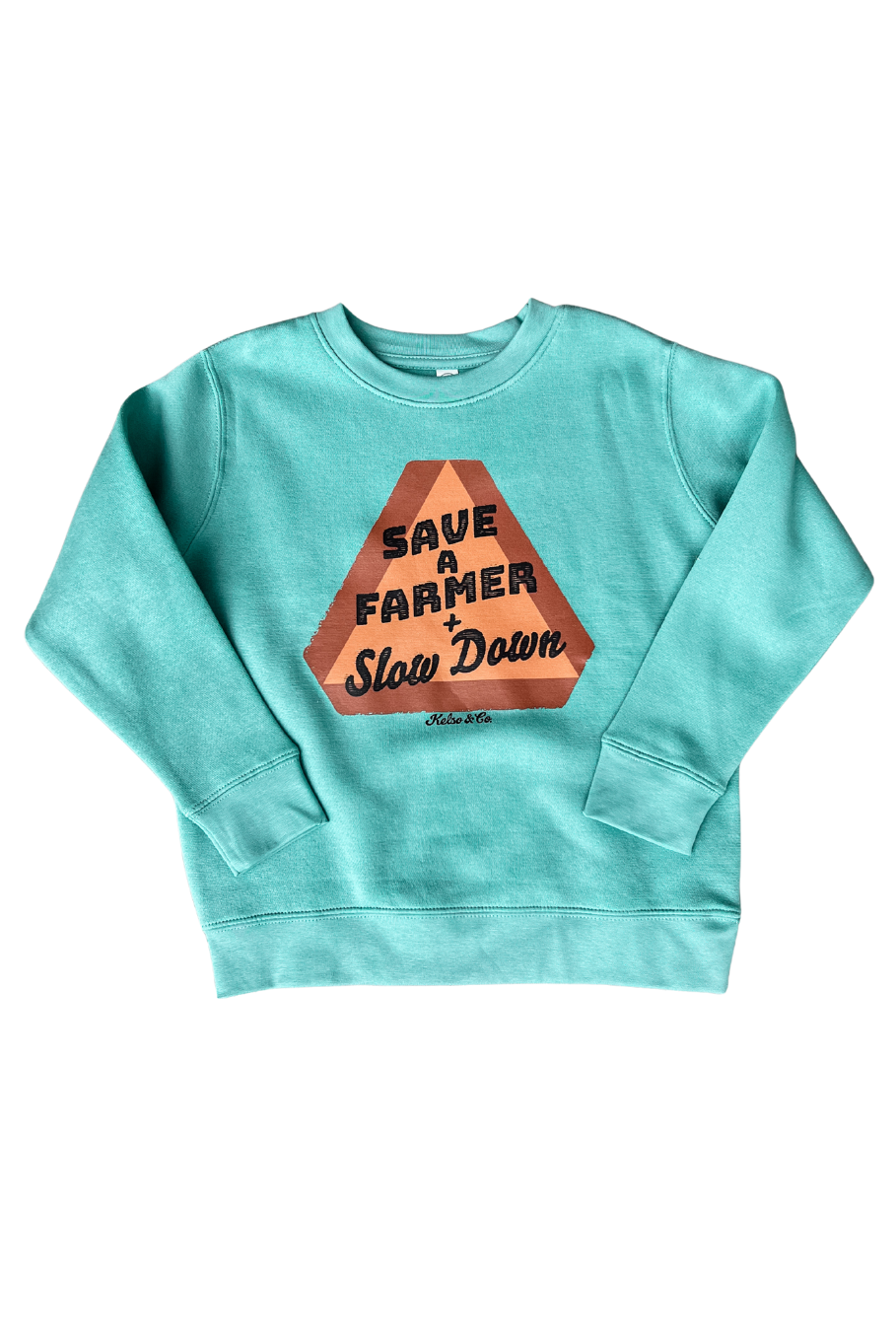 kids crewneck sweatshirt in saltwater blue with a slow moving vehicle sign on it that says &quot;save a farmer + slow down&quot;