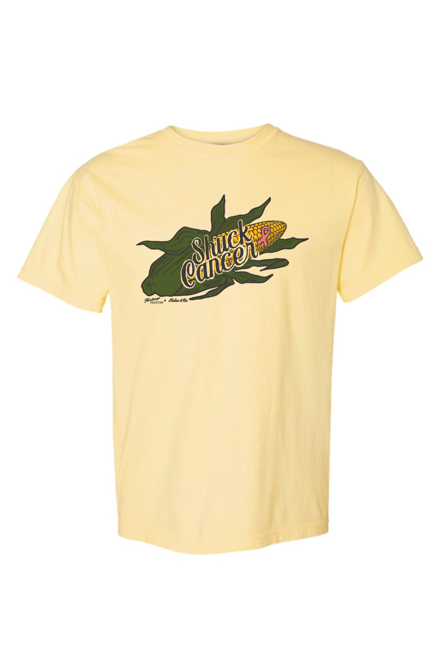 comfort colors butter yellow tshirt with an ear of corn that says shuck cancer
