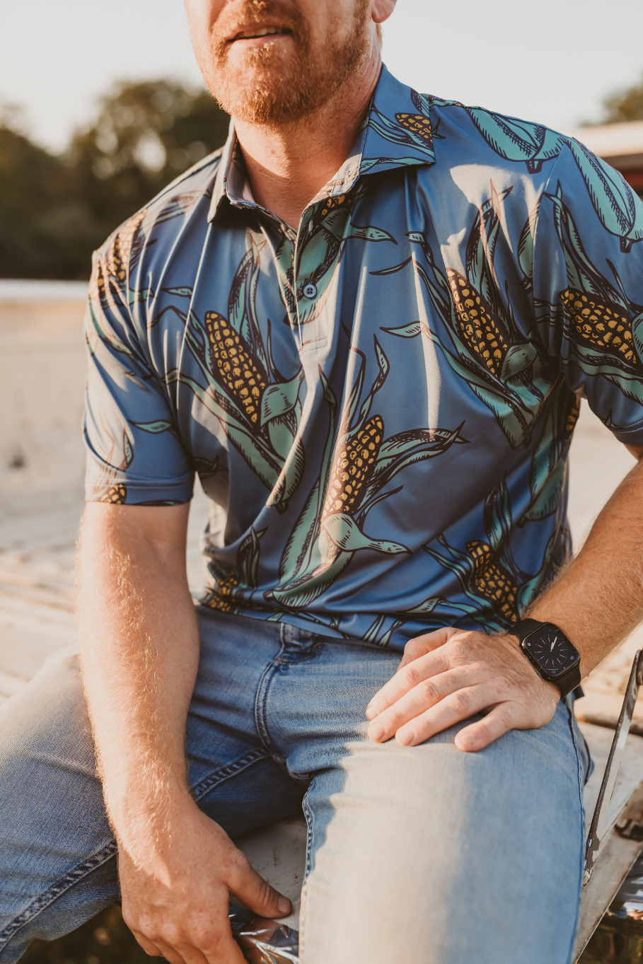 men&#39;s farm corn performance polo shirt in shuck yeah blue