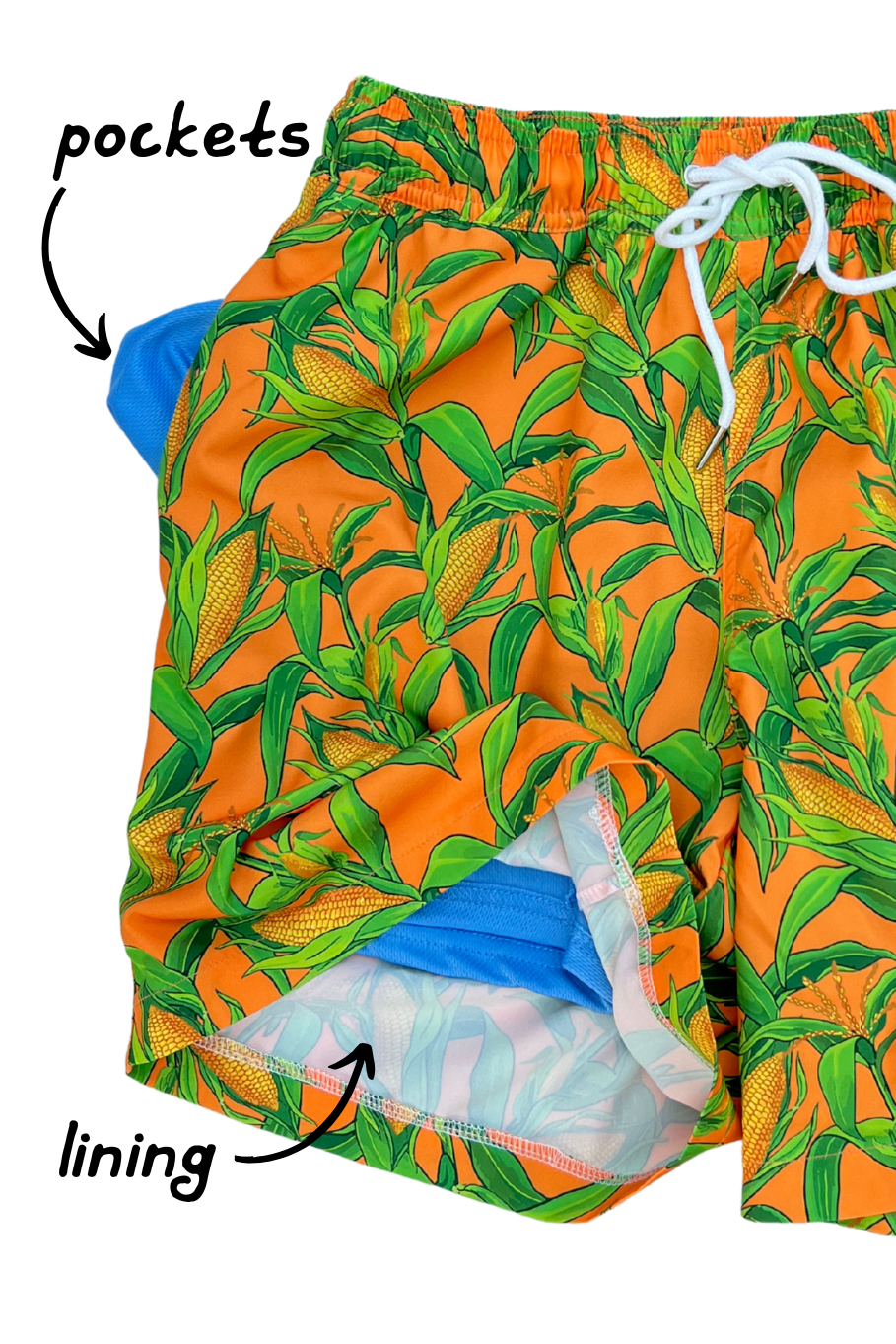 blue pockets and blue lining on corn on the cabana swim trunks