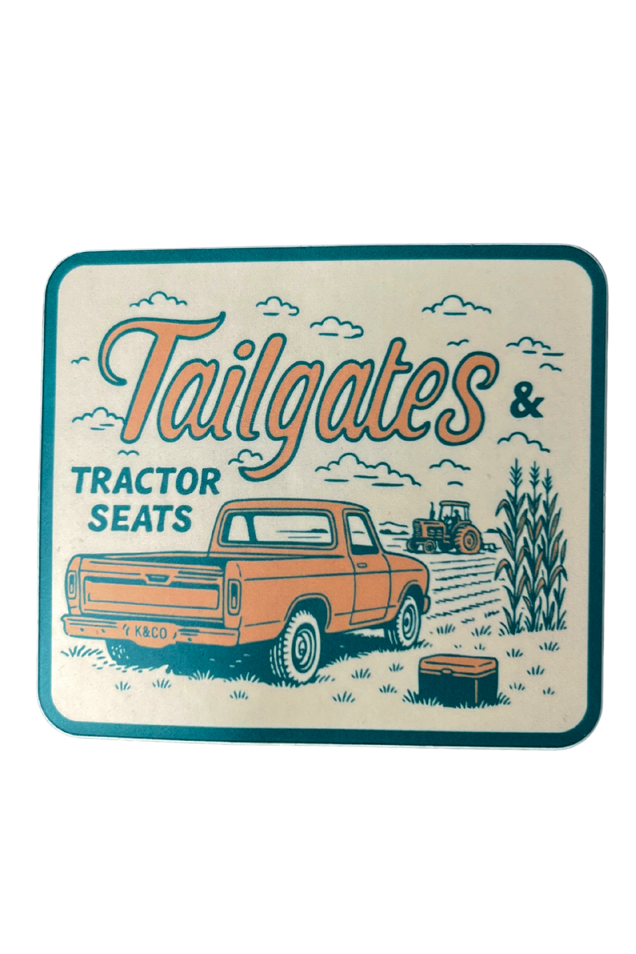 decal of an old pick up truck and a tractor out in a field which says tailgates and tractor seats