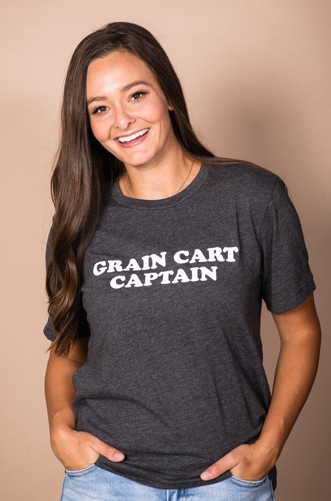 "Grain Cart Captain" Graphic Tee in Dark Gray - Rosebud's Tees