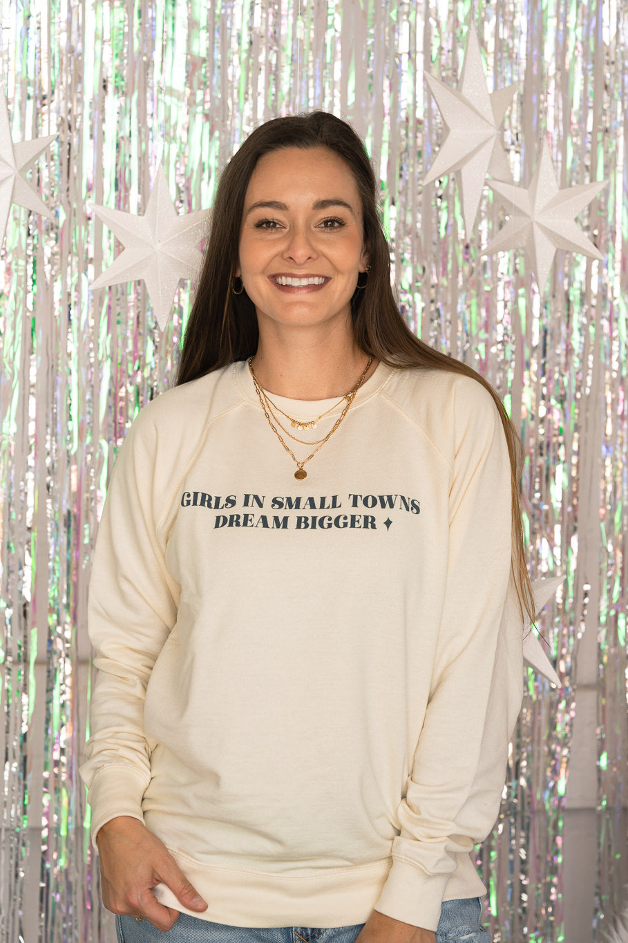 Girls in Small Towns Dream Bigger Terry Crewneck in Ivory | Sizes S - 3X - Rosebud&#39;s Tees