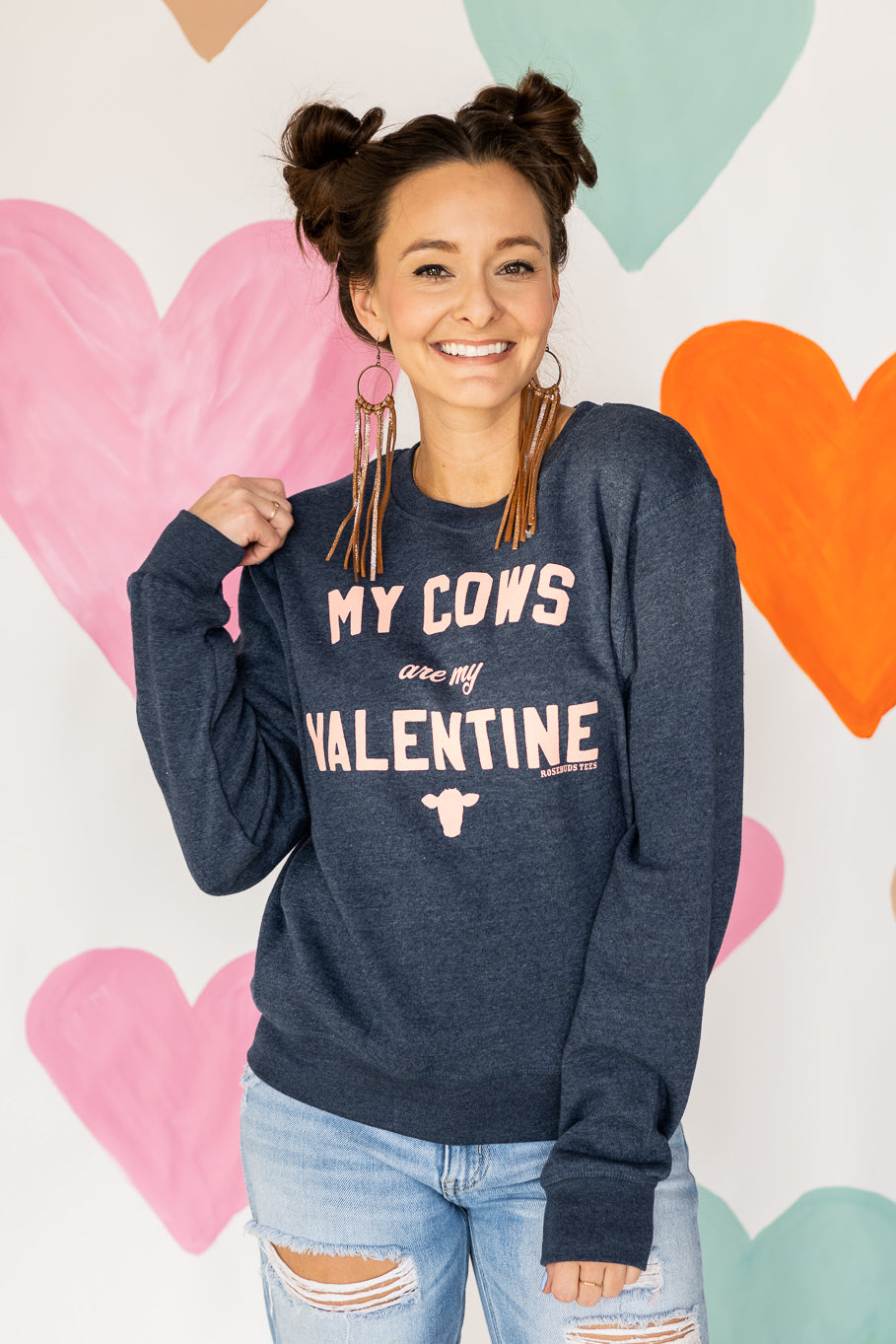 "My Cows Are My Valentine" Navy Crewneck Sweatshirt - Rosebud's Tees